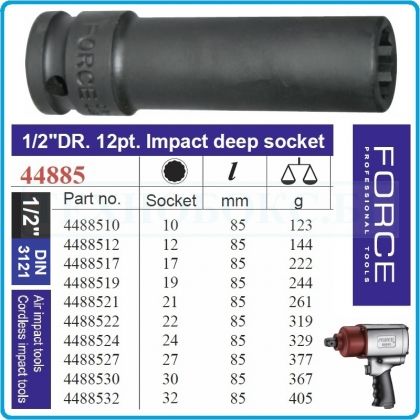 Вложка ударна дълга, дванадесетограм, 1/2", 15 размера, 10-32mm, 12.5mm, Force, 44885-10/32