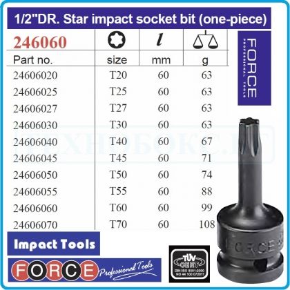 Вложка ударна Torx, 1/2", T20-T70, лята усилена Tx, 12.5mm, Force, 246060