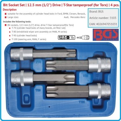 Вложки с накрайници, к-т 4бр, Torx T70H/100H, дълги перфорирани, 1/2", BGS, 5103