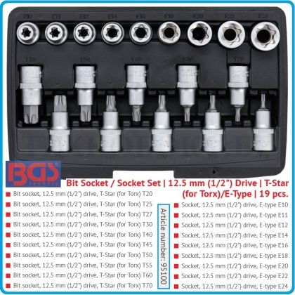 Вложки с накрайници, к-т 19бр, Torx T20/70, E-Torx E10/24, 1/2", Kraftmann, 95100