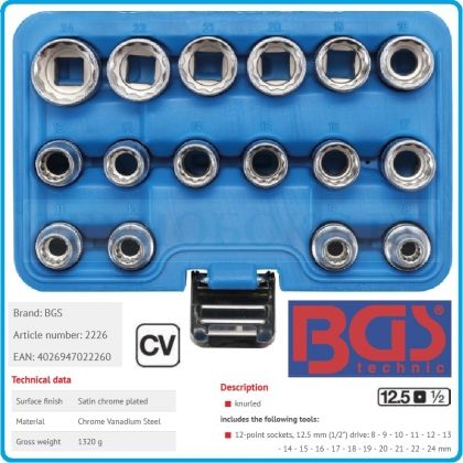 Вложки дванадесетостенни к-т 16бр, от 8-24mm, 1/2", къси бели, BGS, 2226