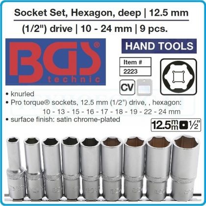 Вложки дълги шестограм, бели Pro torque®, к-т 9бр, 10-24mm, захват 1/2", BGS, 2223