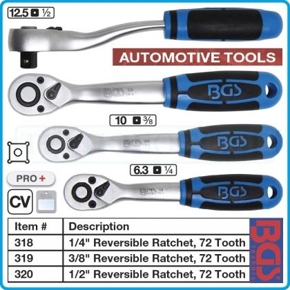 Тресчотка с ергономична дръжка, 1/4", 3/8", 1/2", 72 зъба, 145-255mm, BGS, 318-20