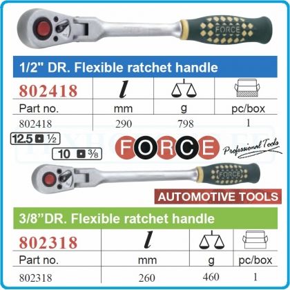 Тресчотка с чупеща глава, 1/4", 3/8", 1/2", 24 зъба, 125-290mm, Force, 802218-318-418