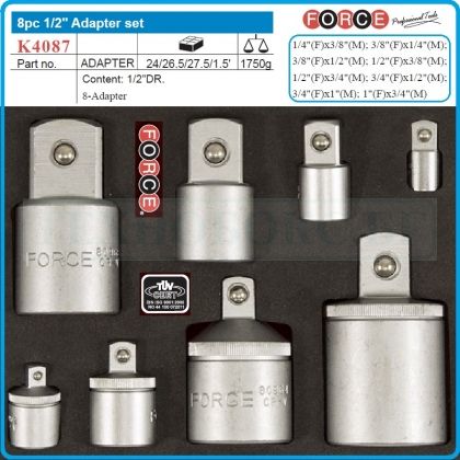 Адаптори, преходи комплект 8бр, хромирани от 1/4"-1", 6.3-24mm, Force, K4087