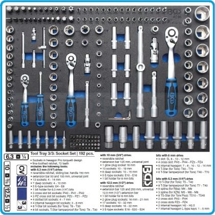 Модул с инструменти 3/3, вложка за количка, 192бр к-т Pro Torque® от 4-32mm на 1/4