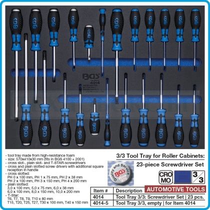 Модул с инструменти 3/3, вложка за количка, 23бр отвертки комплект SL, PH, Torx, BGS, 4014