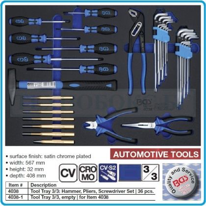 Модул с инструменти 3/3, вложка за количка, 36бр PH, SL, Torx, клещи и избивачи, BGS, 4038
