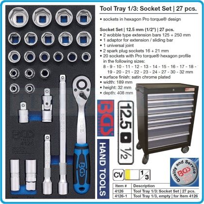 Модул с инструменти 1/3, вложка за количка, 27бр к-т Pro Torque® от 8-32mm на 12.5mm - 1/2", BGS, 4126