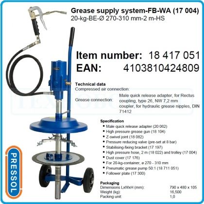 Грес помпа, 50:1, пневматична, 400Bar, к-т, 20kg, Ø270mm, Pressol, 18417051.