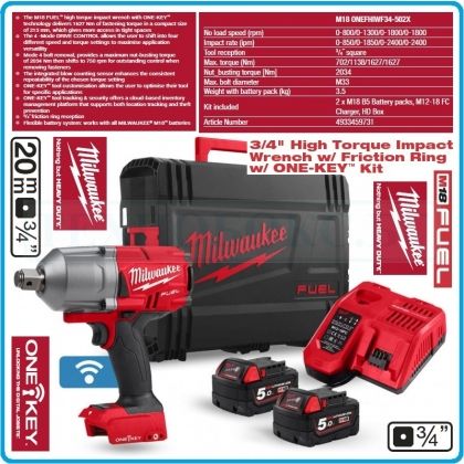 Гайковерт акумулаторен, ударен на 3/4", 1627 Nm, 18V 5.0Ah, One-Key, Milwaukee, M18O-F34-502X.