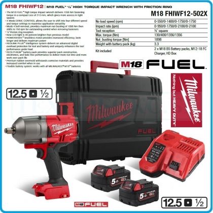 Гайковерт акумулаторен, ударен на 1/2", 1356 Nm, 18V Li-Ion 5.0Ah, Milwaukee, M18-F12-502X.