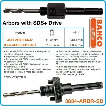 Държач със свредло центриращо, SDS+, за боркорони Ø14-30-210mm, Bahco, 3834-ARBR-SD