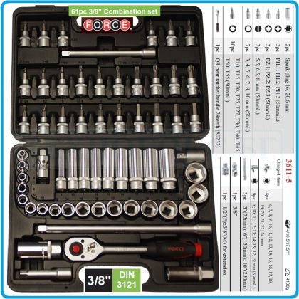 Гедоре, шестостен 61ч. на 3/8", вложки 6-24mm + Hex, Torx, PH, PZ к-т, Force, 3611-5
