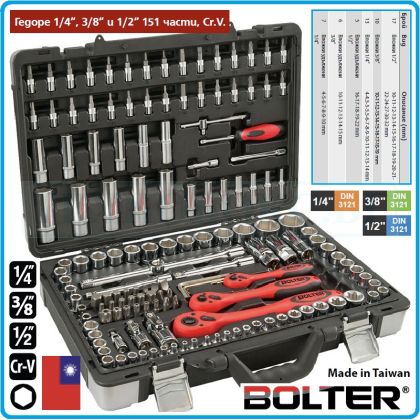 Гедоре, шестостен 151ч. на 1/4", 3/8" и 1/2", вложки 4-32mm + E-Torx - PZ, к-т, Bolter, 99081