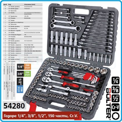 Гедоре, шестостен 150ч. на 1/4", 3/8" и 1/2", вложки 4-32mm + E-Torx - PZ, к-т, Bolter, 54280