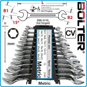 Ключове гаечни полирани DIN3110, ковани к-т 12 части, 15°, CrV, от 6-32mm, Bolter, 13857.