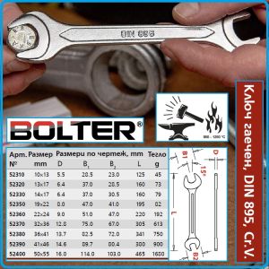 Ключ гаечен DIN895, кован, закален и темпериран, 15°, CrV, от 32-55mm, Bolter, 5237-40.