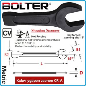 Ключ гаечен ударен DIN7333, кован и закален, 15°, CrV, от 24-75mm, Bolter, 52428-42.