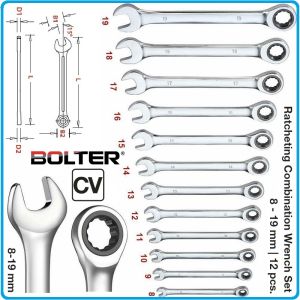 Ключове звезди с тресчотка, комплект, 12 части, CrV, от 8-19mm, Bolter, 52465.