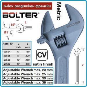 Ключ раздвижен, френски, 6"-12" Eco, 4 размера, захвати от 0-36mm, IS9181, CrV, Bolter, 53500-6.