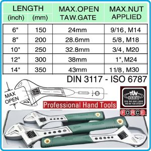 Ключ раздвижен, френски, 6"-14" Pro, 5 размера, захвати от 0-43mm, DIN3117, CrV, Force, 649A.