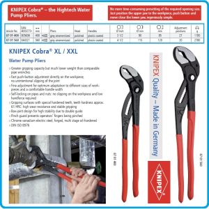 Клещи раздвижни Cobra, ключ с бутон, 2in1, 125-560mm, 7 р-а, захвати от 0-27-120mm, CrV, Knipex, 8701125-560.