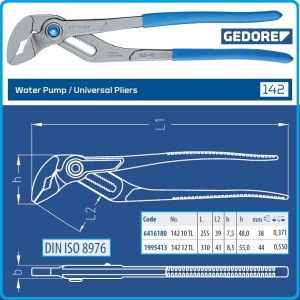 Клещи раздвижни, ключове 2in1 с бутон, DIN-ISO8976, захвати 0-38-44 mm, 255-310 mm, Gedore, 14210-12.