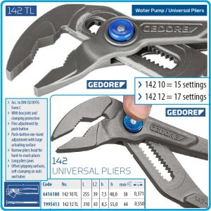 Клещи раздвижни, ключове 2in1 с бутон, DIN-ISO8976, захвати 0-38-44 mm, 255-310 mm, Gedore, 14210-12.