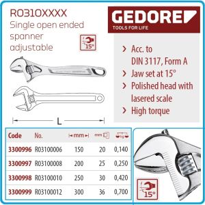 Ключ раздвижен, гаечен, 6"-12" Pro, DIN3117, 4 размера, захвати от 0-36mm, CrV, Gedore, R3106-12.