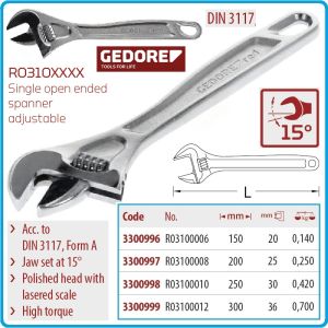 Ключ раздвижен, гаечен, 6"-12" Pro, DIN3117, 4 размера, захвати от 0-36mm, CrV, Gedore, R3106-12.