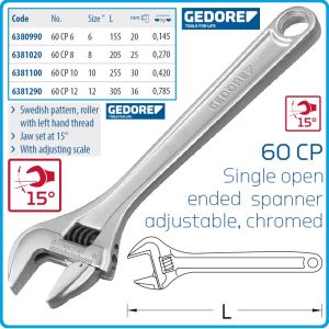 Ключ раздвижен, гаечен, ISO6787, 6"-12" Pro, 4 размера, захвати от 0-36mm, CrV, Gedore, 60CP6-12.