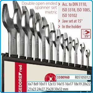 Ключове гаечни, ISO3318, DIN3110, пълен к-т, 12 части, 15°, CrV, от 6-32mm, Gedore, R5105012.