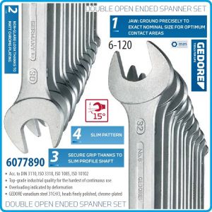 Ключове гаечни, DIN3110,  ISO3318, пълен к-т, 12 части, 15°, 31CrV3, от 6-32mm, Gedore, 6-120.