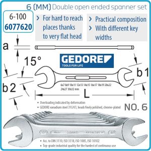Ключове гаечни, DIN3110,  ISO3318, комплект от 10 части, 15°, 31CrV3, от 6-32mm, Gedore, 6-100.