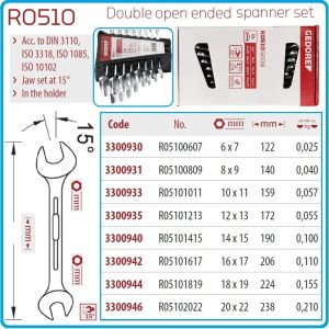 Ключове гаечни, ISO3318, DIN3110, комплект, 8 части, 15°, CrV, от 6-22mm, Gedore, R5105008.