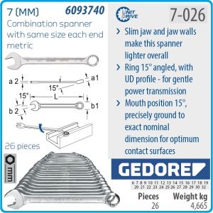 Ключове звездогаечни, от 6-32mm, пълен к-т, 26 части, 31CrV3, DIN3113, ISO7738, UD profile, Gedore, 7-026.
