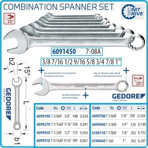 Ключове звездогаечни инчови, от 3/8"-1"AF, к-т 8ч, ISO3318, UD profile, DIN3113, 31CrV3, 15°, Gedore, 7-08A.