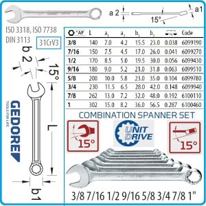 Ключове звездогаечни инчови, от 3/8"-1"AF, к-т 8ч, ISO3318, UD profile, DIN3113, 31CrV3, 15°, Gedore, 7-08A.