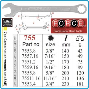 Ключове звездогаечни Inch/zoll, от 3/8"-3/4"AF, к-т 7ч, CrV, 15°, profile, DIN3113, Force, 5077S.