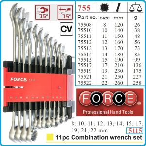 Ключове звездогаечни комбинирани, от 8-22mm, к-т 11 части, CrV, 15°, DIN3113, Force, 5115.