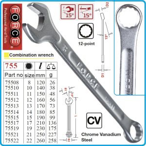 Ключове звездогаечни комбинирани, от 8-22mm, к-т 11 части, CrV, 15°, DIN3113, Force, 5115.