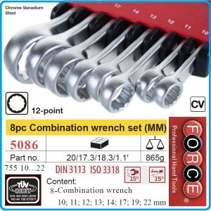 Ключове звездогаечни комбинирани, от 10-22mm, к-т 8 части, CrV, 15°, DIN3113, Force, 5086.