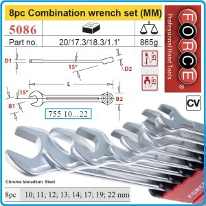 Ключове звездогаечни комбинирани, от 10-22mm, к-т 8 части, CrV, 15°, DIN3113, Force, 5086.
