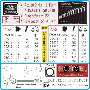 Ключове звездогаечни, от 10-32mm, комплект от 14 части, калъф на руло, DIN3113, CrV, Force, 5141C.