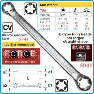 Ключове звезди E-torx, от E6-E24, двустранни прави, комплект от 4 части, CrV, Force, 5041.