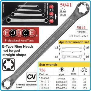 Ключове звезди E-torx, от E6-E24, двустранни прави, комплект от 4 части, CrV, Force, 5041.