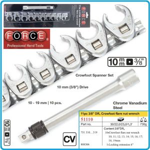 Ключове рязани звезди, от 10-19mm, на 3/8"-10mm, тип Пачи Крак, к-т от 11ч, CrV, Force, 51110.