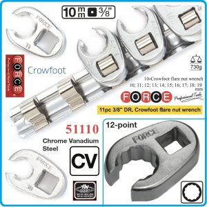 Ключове рязани звезди, от 10-19mm, на 3/8"-10mm, тип Пачи Крак, к-т от 11ч, CrV, Force, 51110.