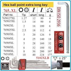 Шестограми Г-образни, от 1.27-10mm, за работа под ъгъл 25°, к-т 10 броя, дълги XL, DIN2936, Force, 5102XLB.